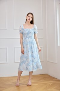 Carys Eyelet Smocked Floral Midi Dress In Ombre Blue