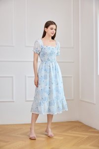 Carys Eyelet Smocked Floral Midi Dress In Ombre Blue