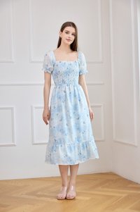 Carys Eyelet Smocked Floral Midi Dress In Ombre Blue