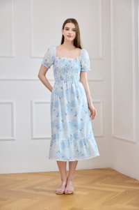 Carys Eyelet Smocked Floral Midi Dress In Ombre Blue