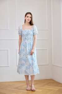 Carys Eyelet Smocked Floral Midi Dress In Ombre Blue
