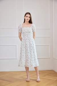 Carys Eyelet Smocked Floral Midi Dress In White