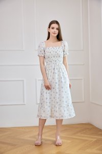 Carys Eyelet Smocked Floral Midi Dress In White