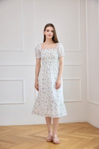 Carys Eyelet Smocked Floral Midi Dress In White