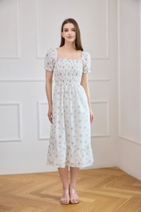 Carys Eyelet Smocked Floral Midi Dress In White