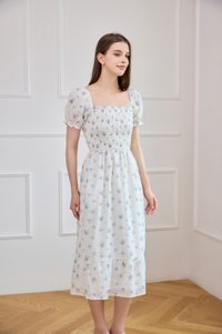 Carys Eyelet Smocked Floral Midi Dress In White