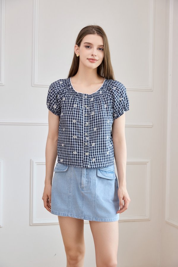 Lavinia Gingham Button Top In Navy