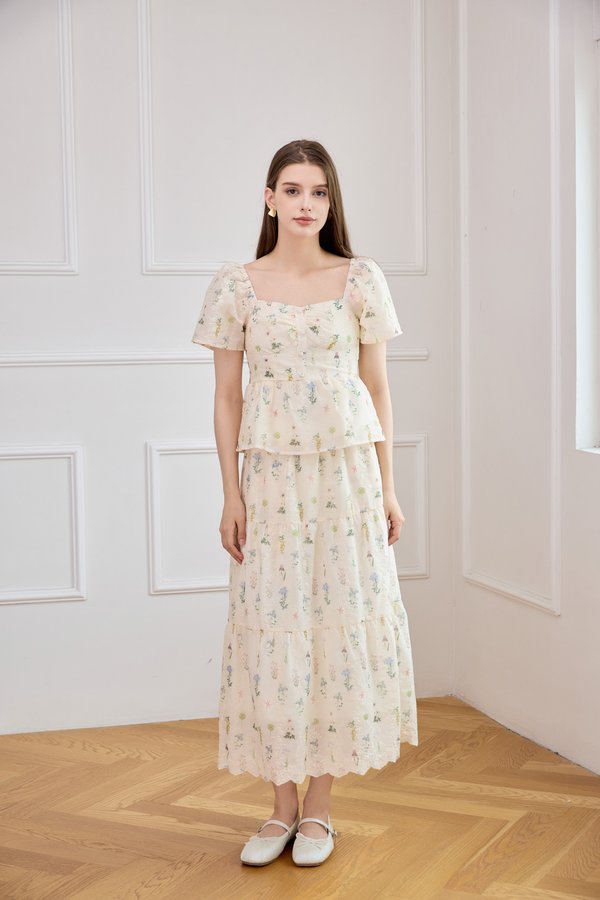 Althea Embroidery Fleur Midi Skirt In Cream