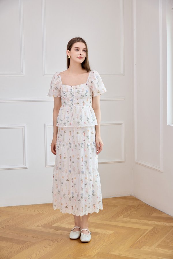 Althea Embroidery Fleur Midi Skirt In White