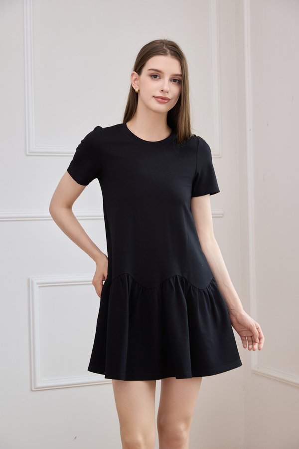 Tulia Cotton Scallop Dropwaist Dress In Black