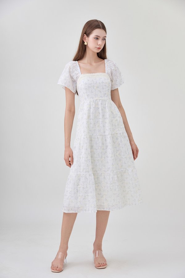 Rosetta Embroidery Crochet Tier Midi Dress In Ditsy Floral