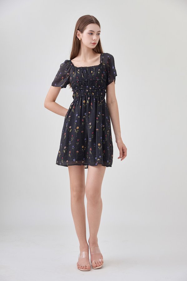 Kiraz Shirred Ruffle Dress In Black