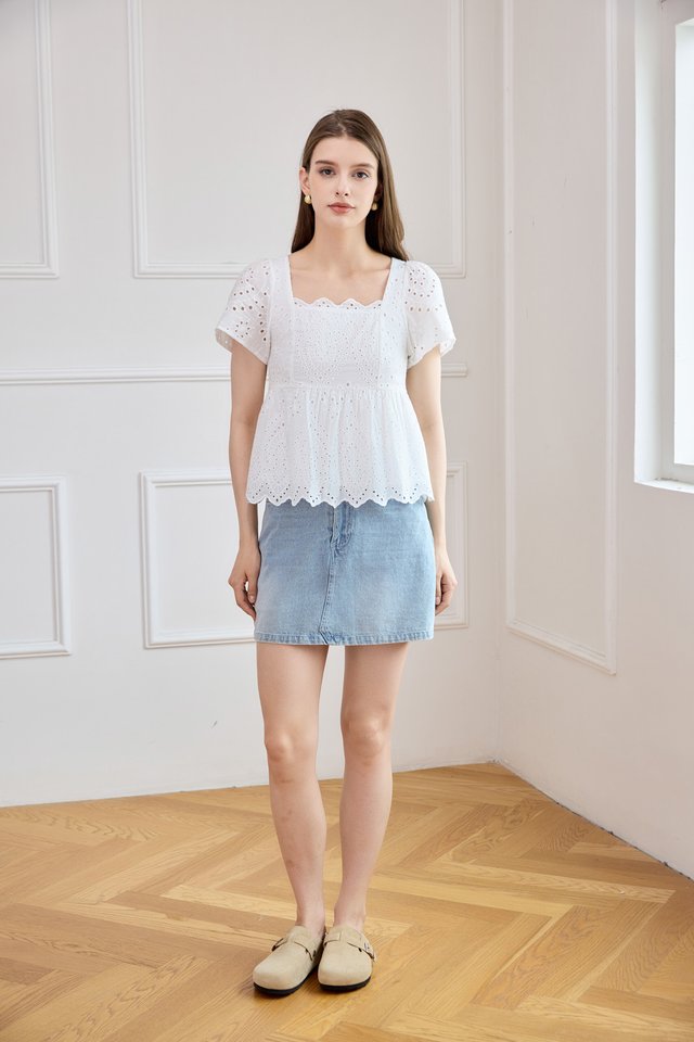 Amora Eyelet Scallop Babydoll Top In White