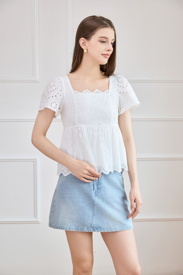 Amora Eyelet Scallop Babydoll Top In White