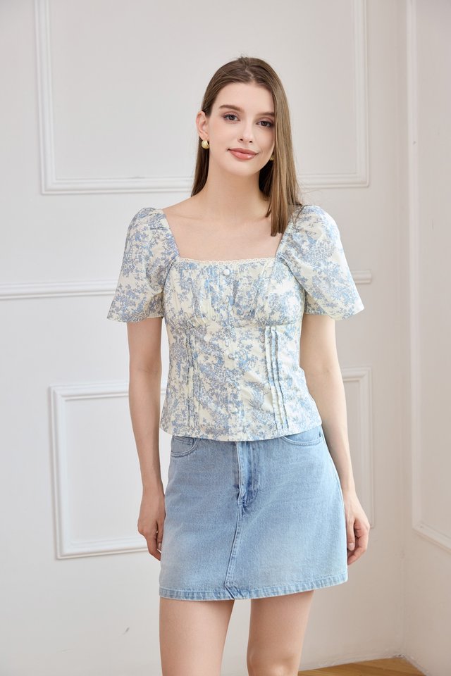 Madelyn Printed Crochet Top in Blue