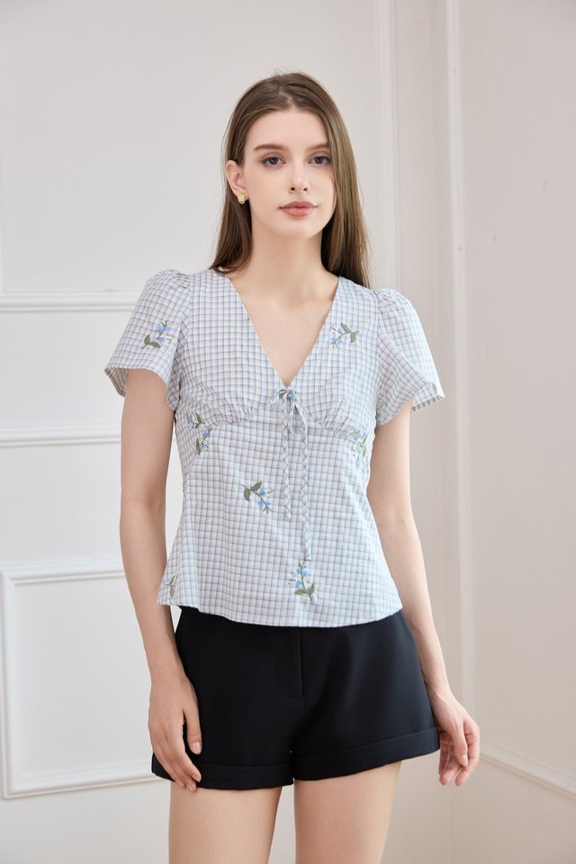 Jordyn Checkered Embroidery Ribbon Top