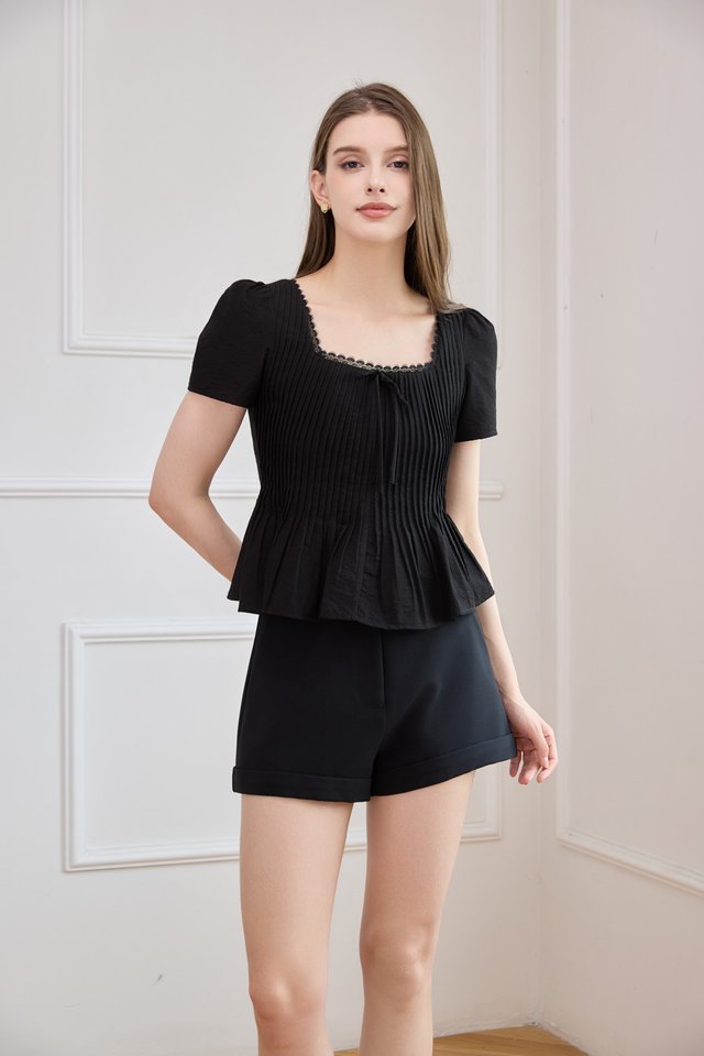 Jones Pintuck Lacey Ribbon Top In Black