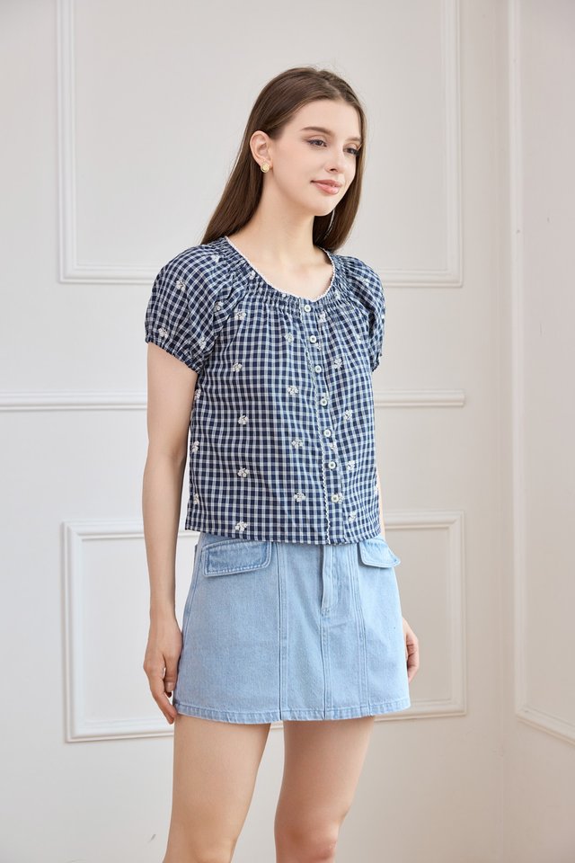 Lavinia Gingham Button Top In Navy