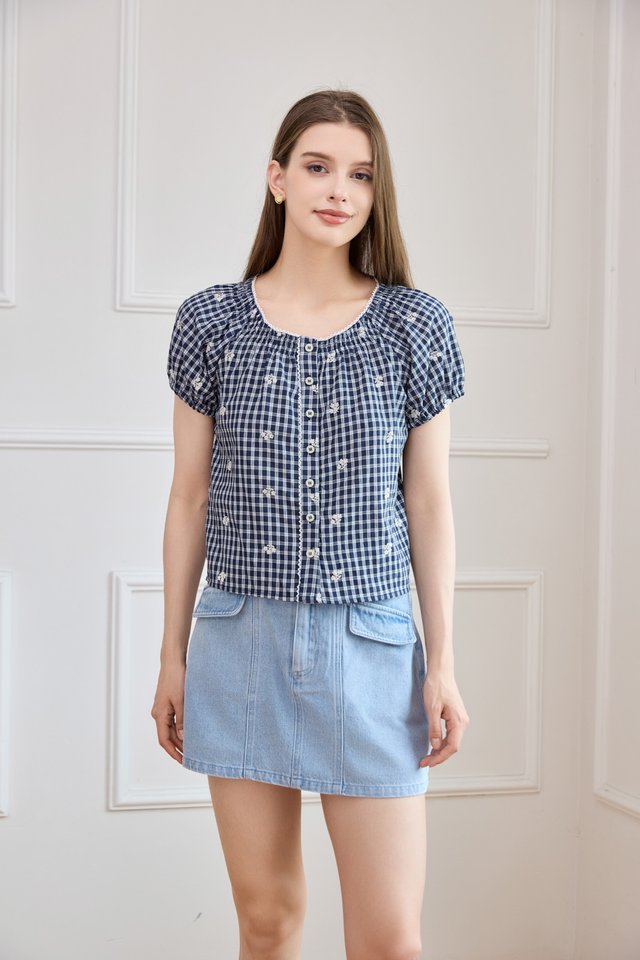 Lavinia Gingham Button Top In Navy