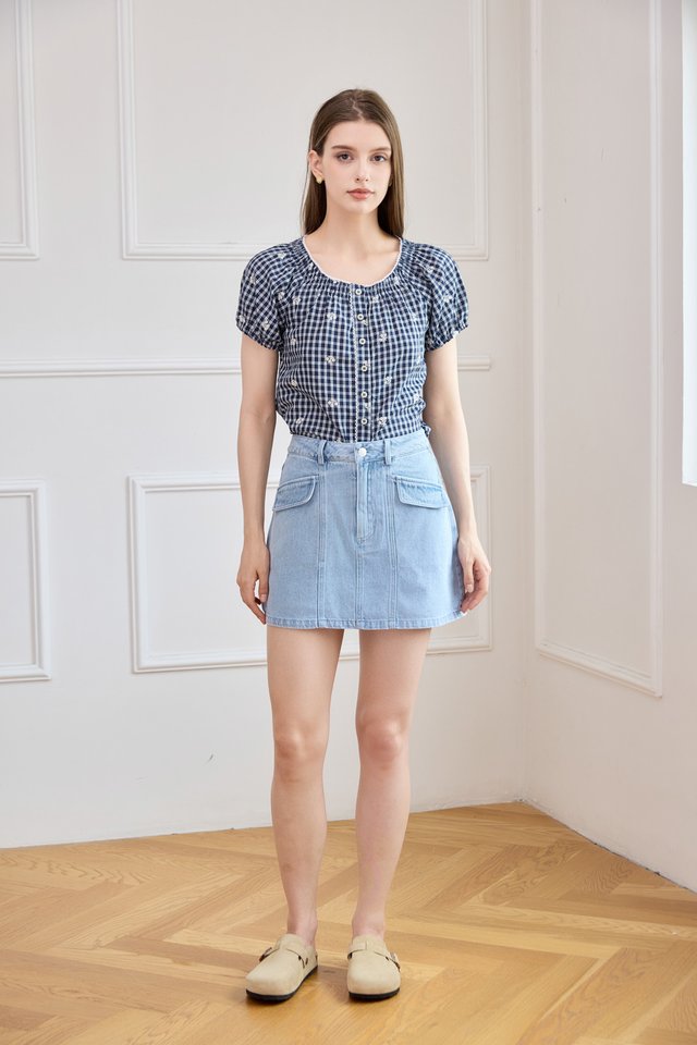 Wren Pocket Flap Denim Skort in Light Wash