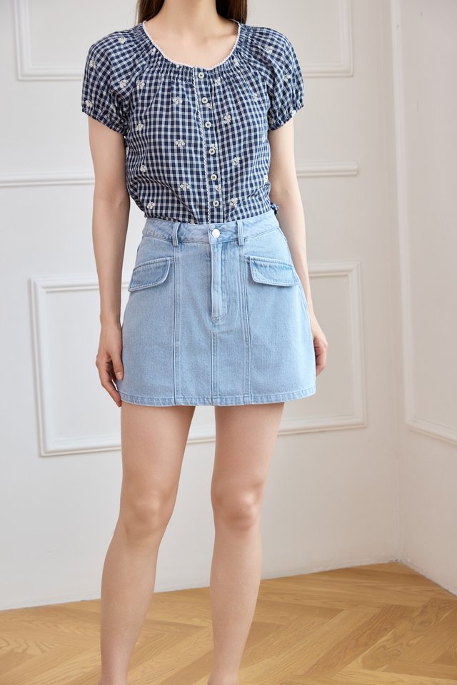 Wren Pocket Flap Denim Skort in Light Wash