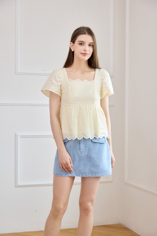 Amora Eyelet Scallop Babydoll Top In Butter Yellow