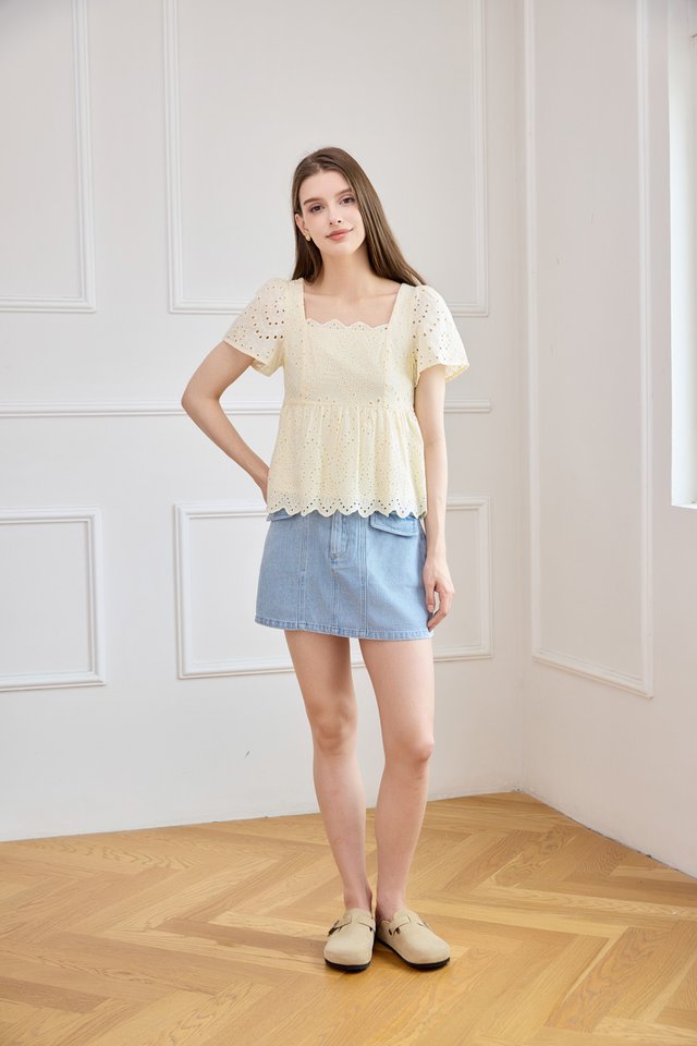 Amora Eyelet Scallop Babydoll Top In Butter Yellow