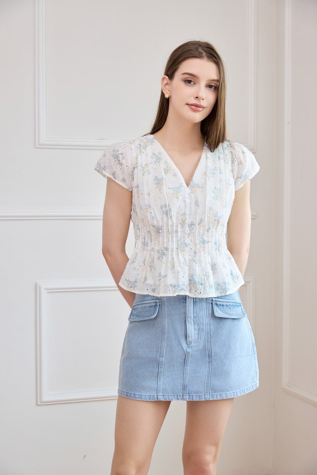 Joy Embroidery Pintuck Floral Top In White