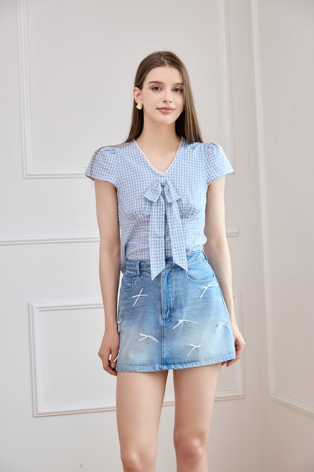 Alondra Denim Ribbon Rhinestone Skort in Mid Wash