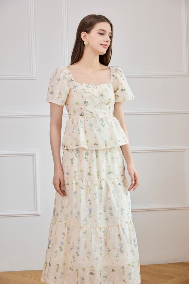 Althea Embroidery Fleur Midi Skirt In Cream