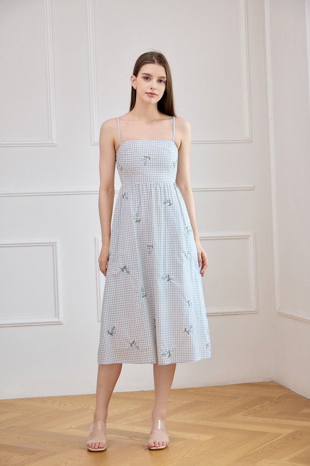 Jordyn Checkered Embroidery Camisole Midi Dress