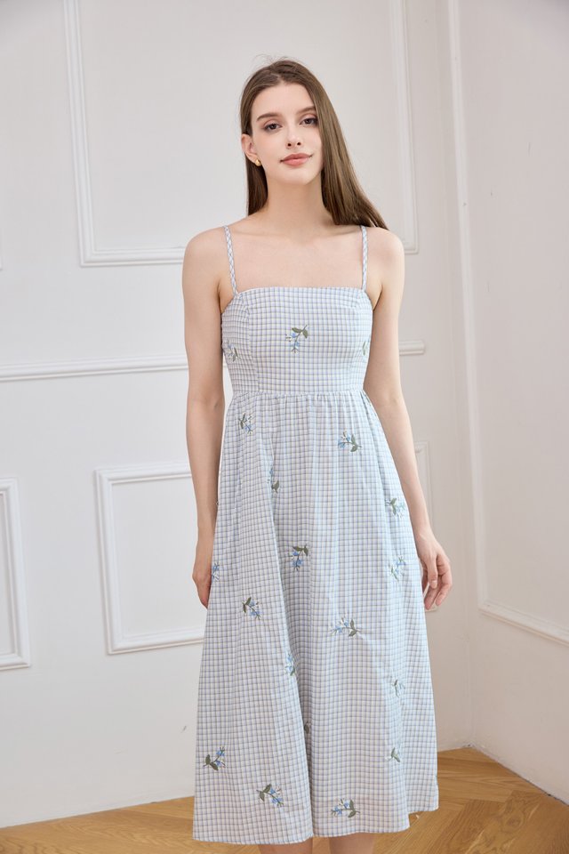 Jordyn Checkered Embroidery Camisole Midi Dress