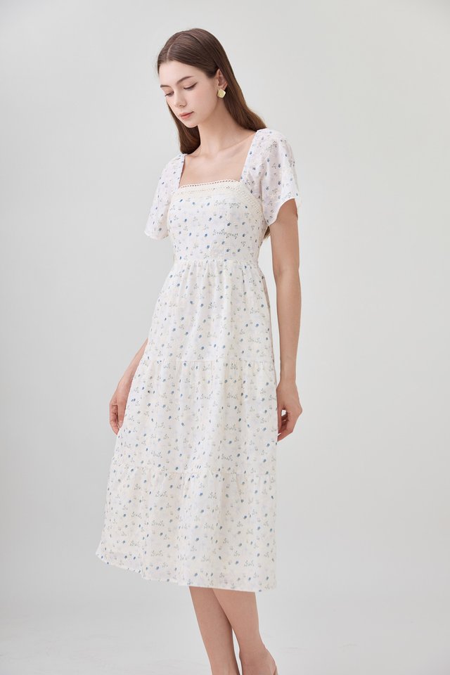 Rosetta Embroidery Crochet Tier Midi Dress In Blue Wildflower
