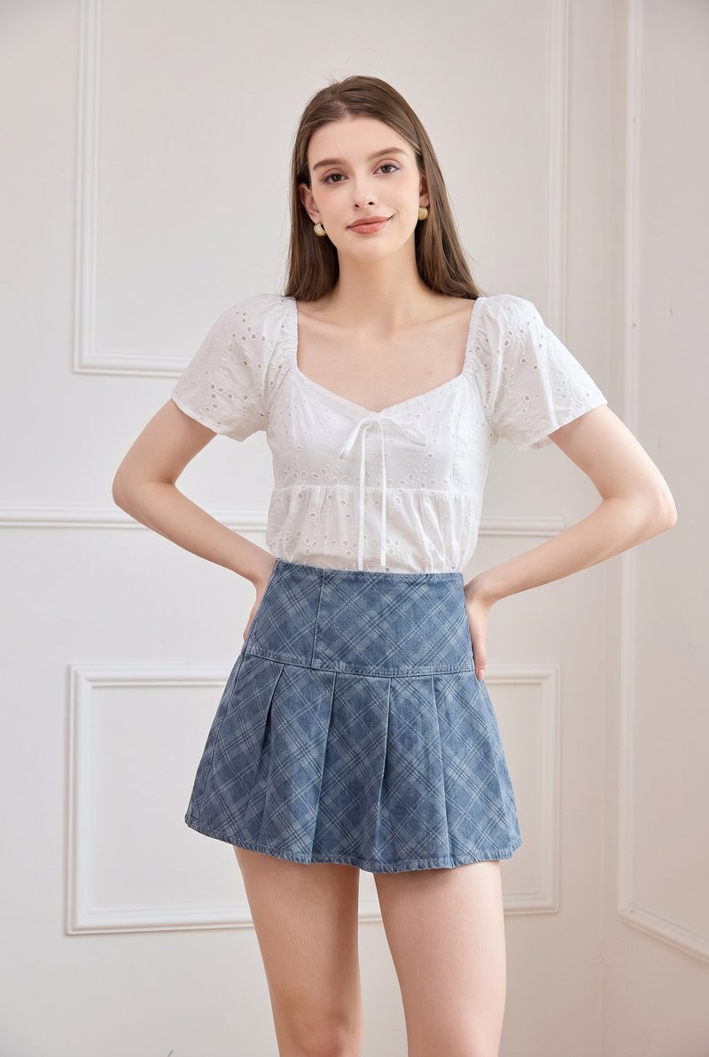 Cosima Plaid Pleated Denim Skort