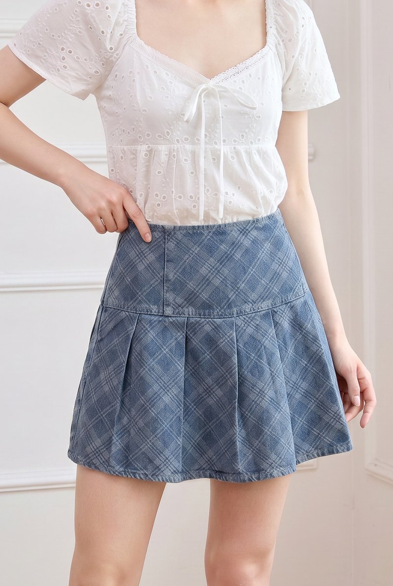 Cosima Plaid Pleated Denim Skort