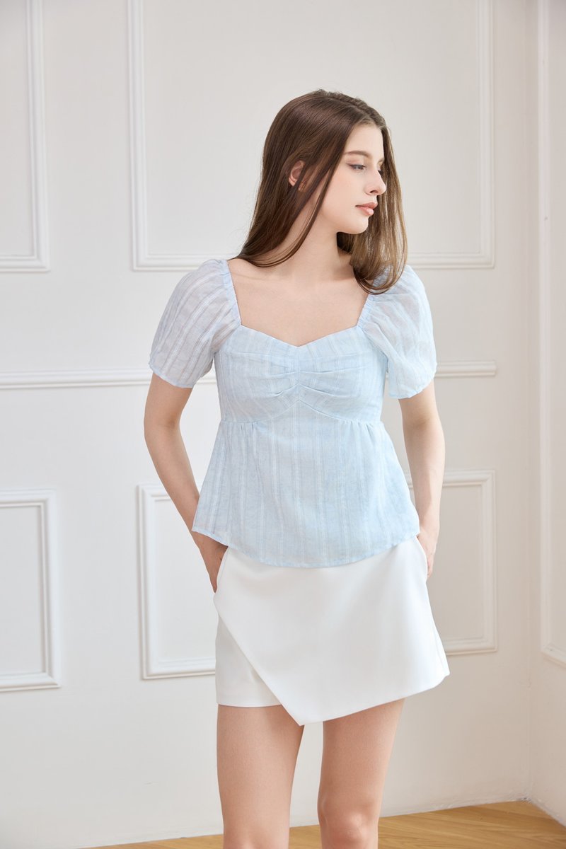 Ciara Textured Sweetheart Babydoll Top In Soft Blue