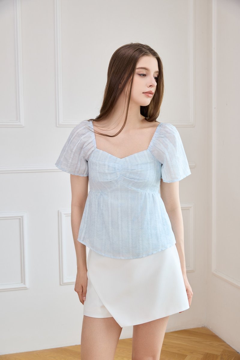 Ciara Textured Sweetheart Babydoll Top In Soft Blue
