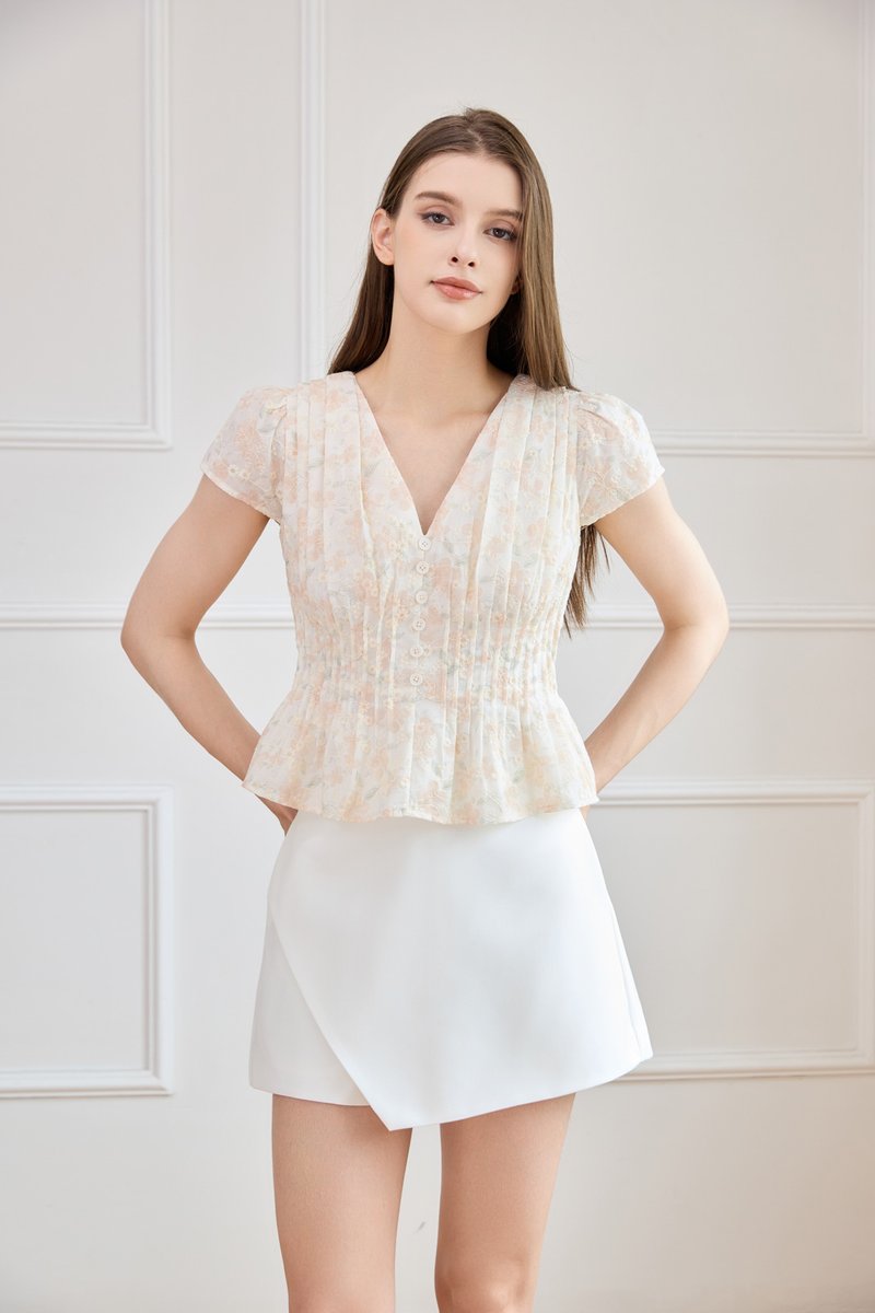 Joy Pintuck Floral Top In Cream