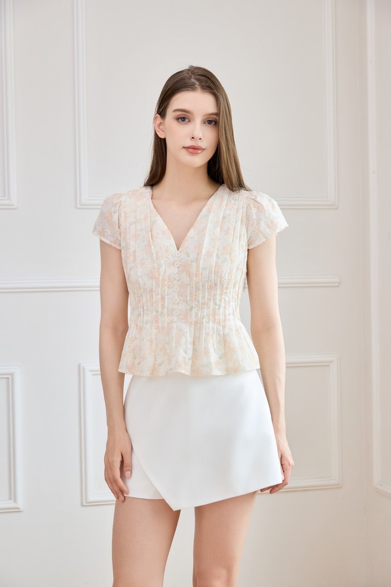 Joy Pintuck Floral Top In Cream