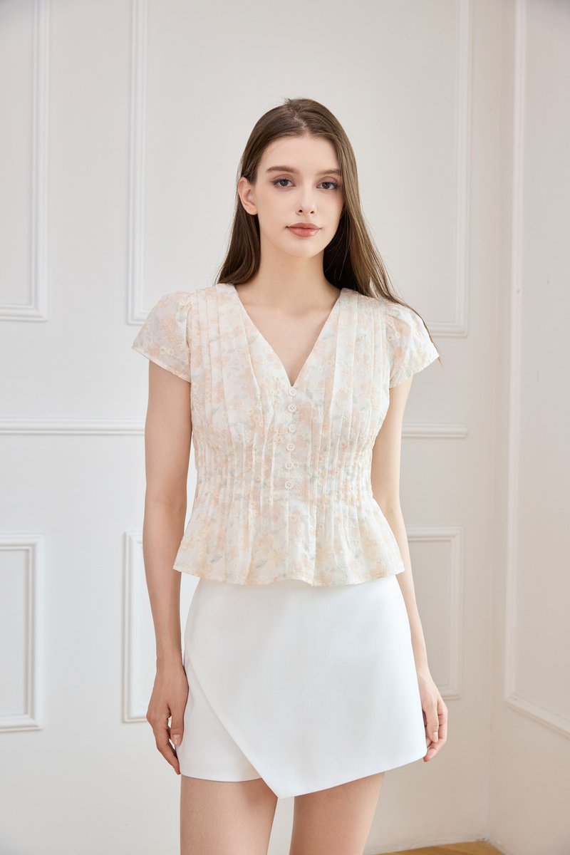 Joy Pintuck Floral Top In Cream