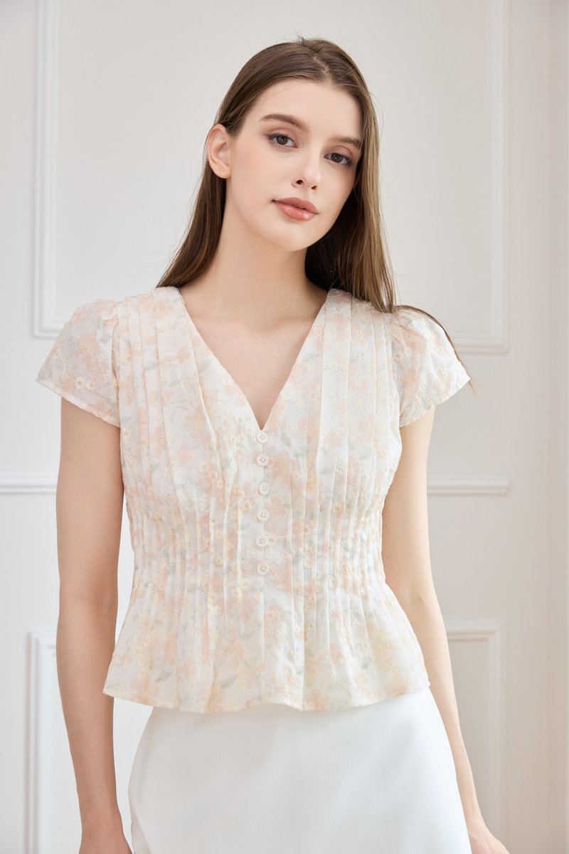 Joy Pintuck Floral Top In Cream