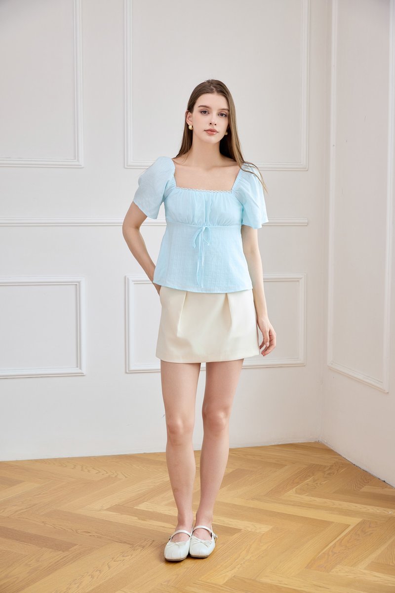 Orianna Crochet Ruched Ribbon Top In Tiffany