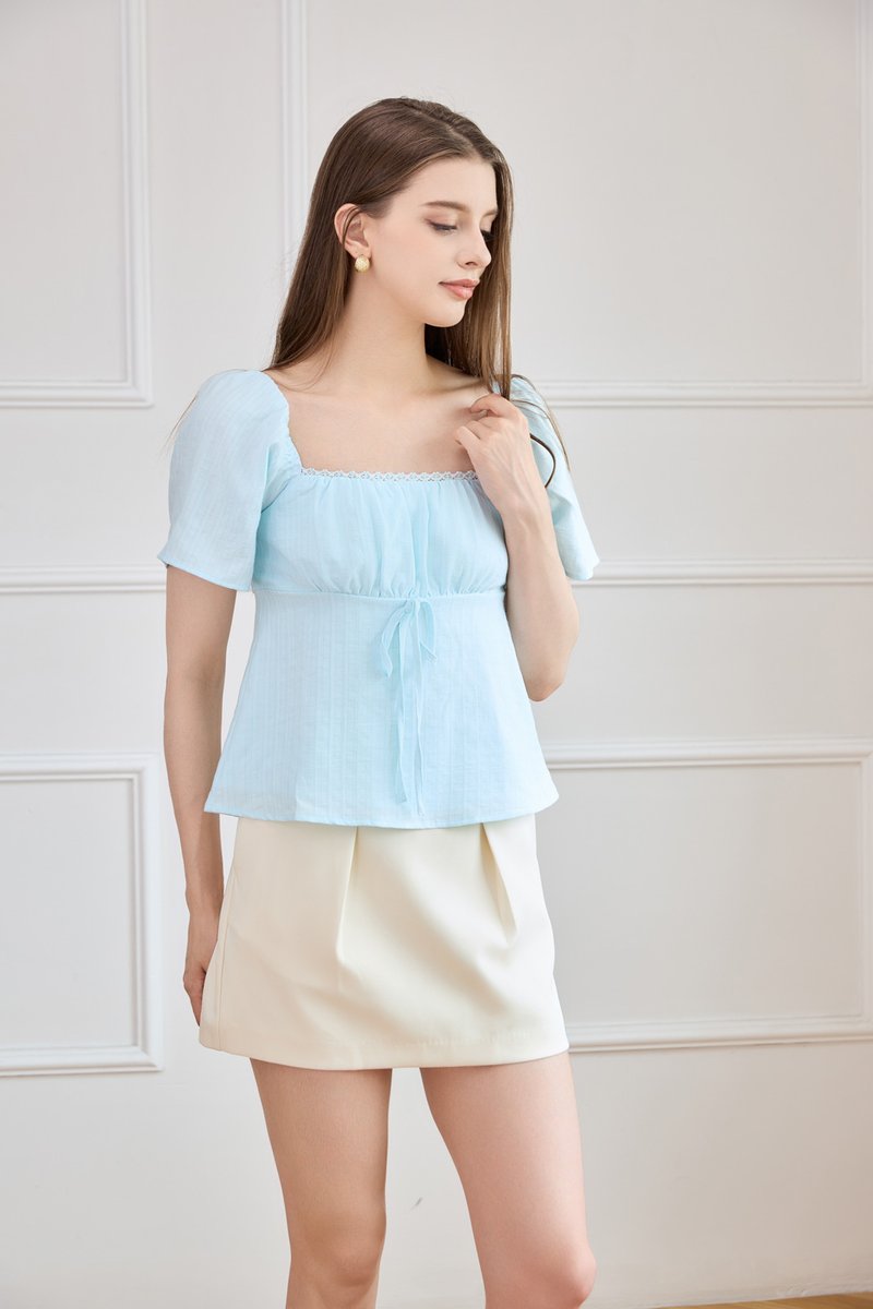 Orianna Crochet Ruched Ribbon Top In Tiffany