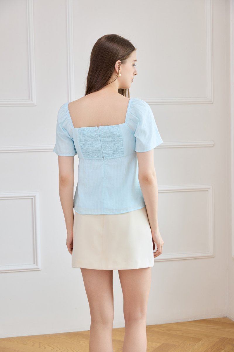 Orianna Crochet Ruched Ribbon Top In Tiffany