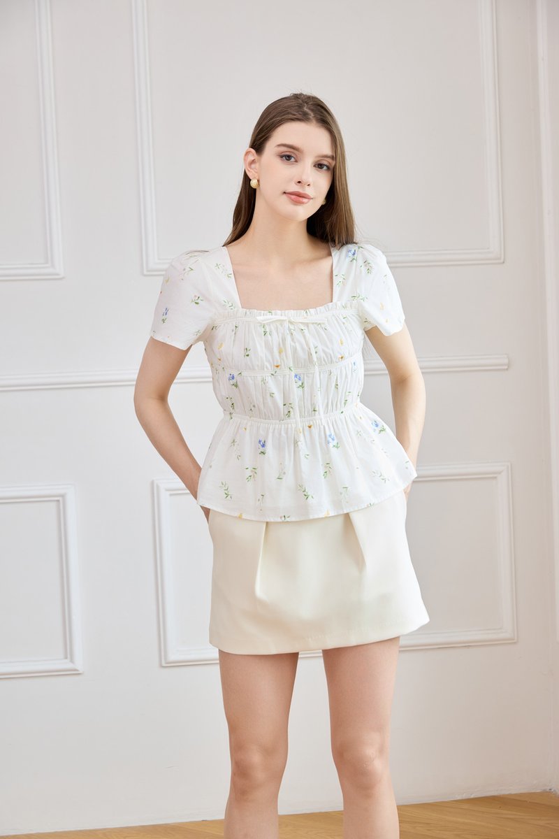 Greta Floral Peplum Top In White