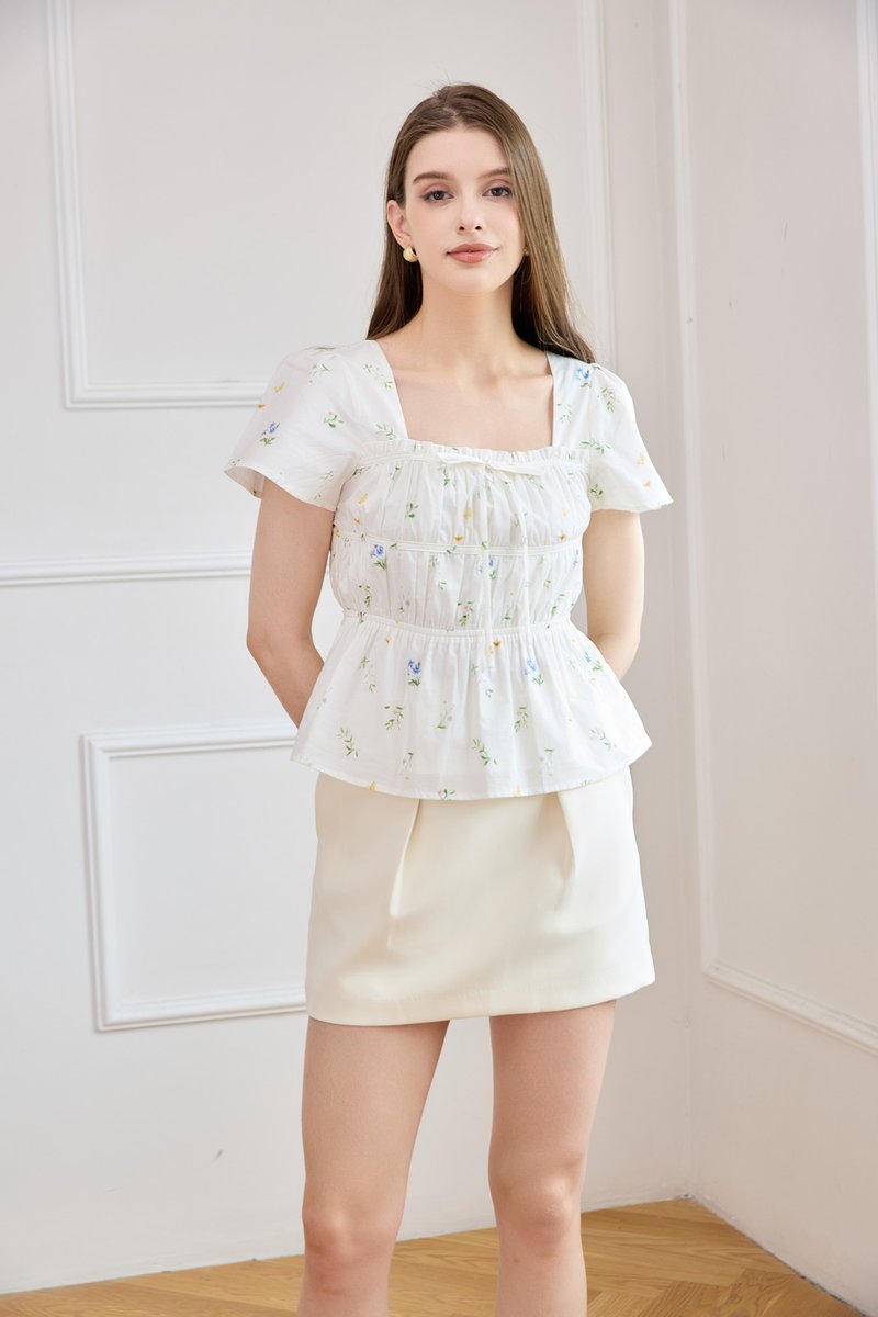 Greta Floral Peplum Top In White