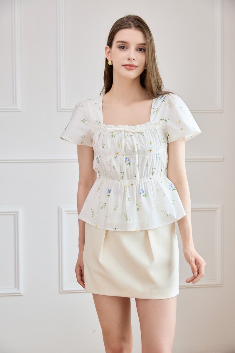 Greta Floral Peplum Top In White