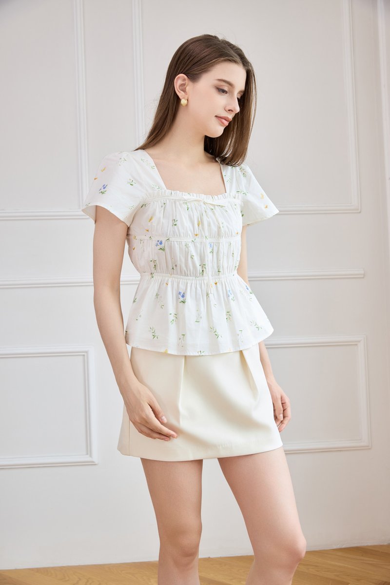 Greta Floral Peplum Top In White