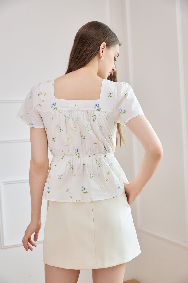 Greta Floral Peplum Top In White