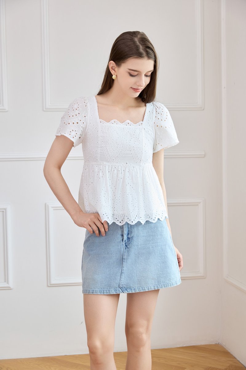 Amora Eyelet Scallop Babydoll Top In White